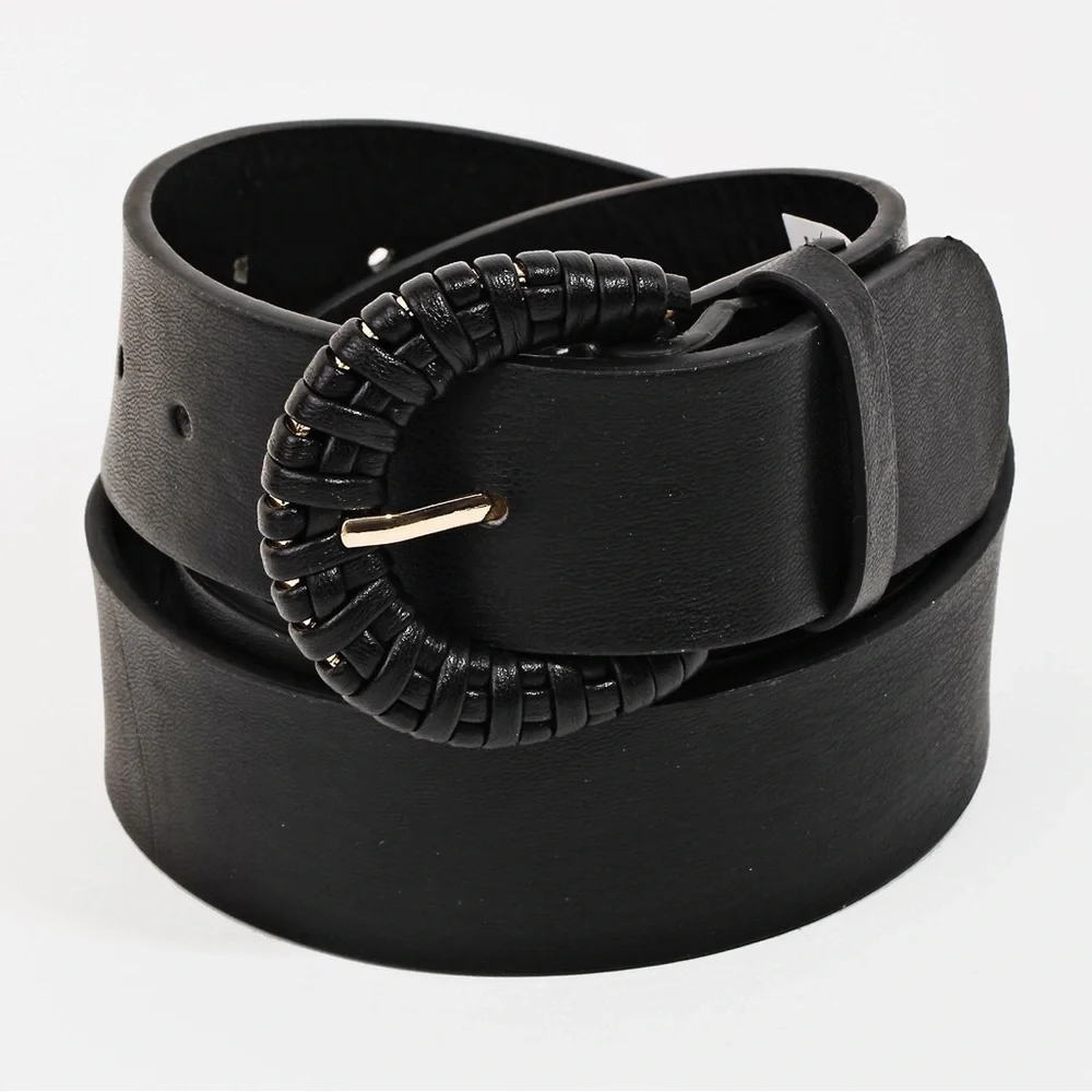 Braided Buckle Faux Leather Belt | Black